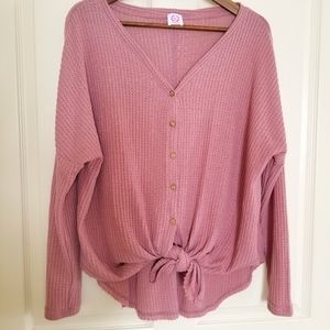 Waffle Knit Button Front Tie Long Sleeve
